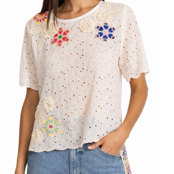 Johnny Was Tops - Johnny Was Nydia Applique Eyelet Top Floral Crochet Boho White S